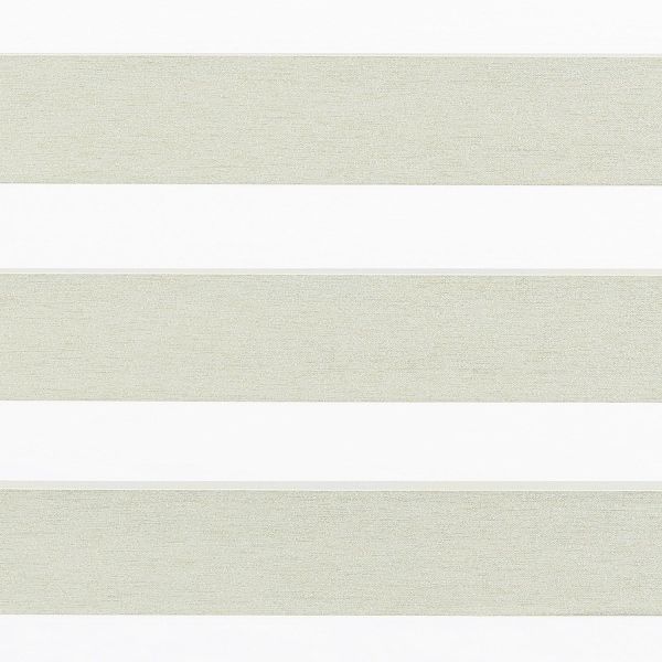 Zebra-style roller blind with horizontal wide beige textured opaque bands alternating with narrow sheer white bands; bands aligned to partially filter light across a neutral, softly lit interior.