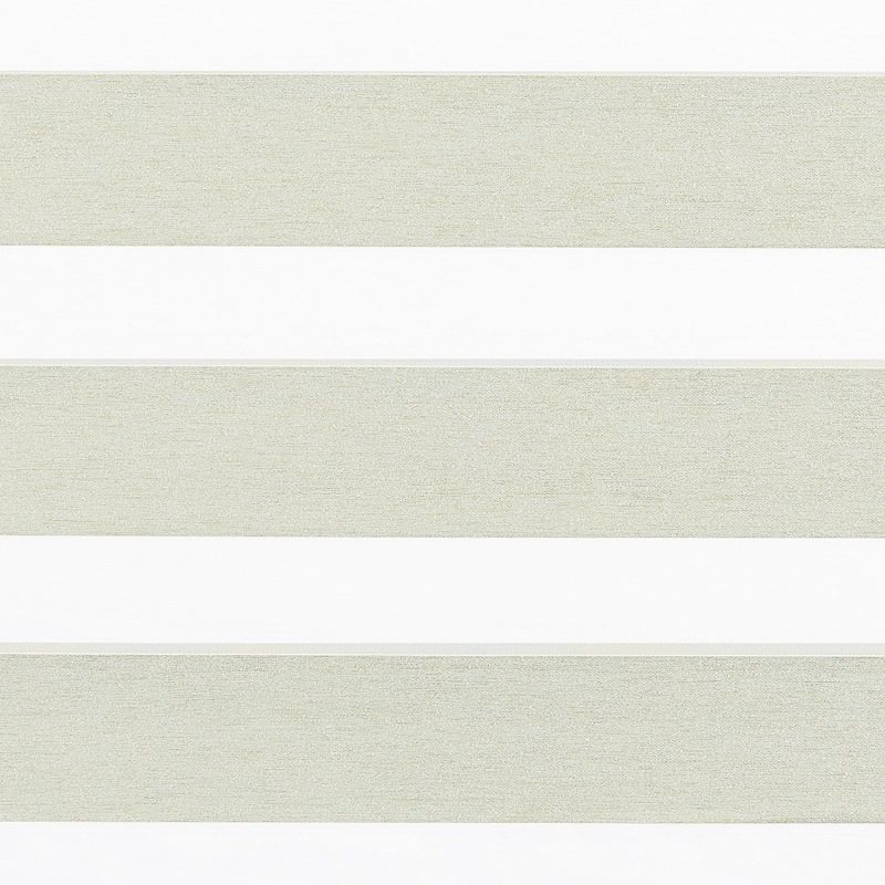 Zebra-style roller blind with horizontal wide beige textured opaque bands alternating with narrow sheer white bands; bands aligned to partially filter light across a neutral, softly lit interior.