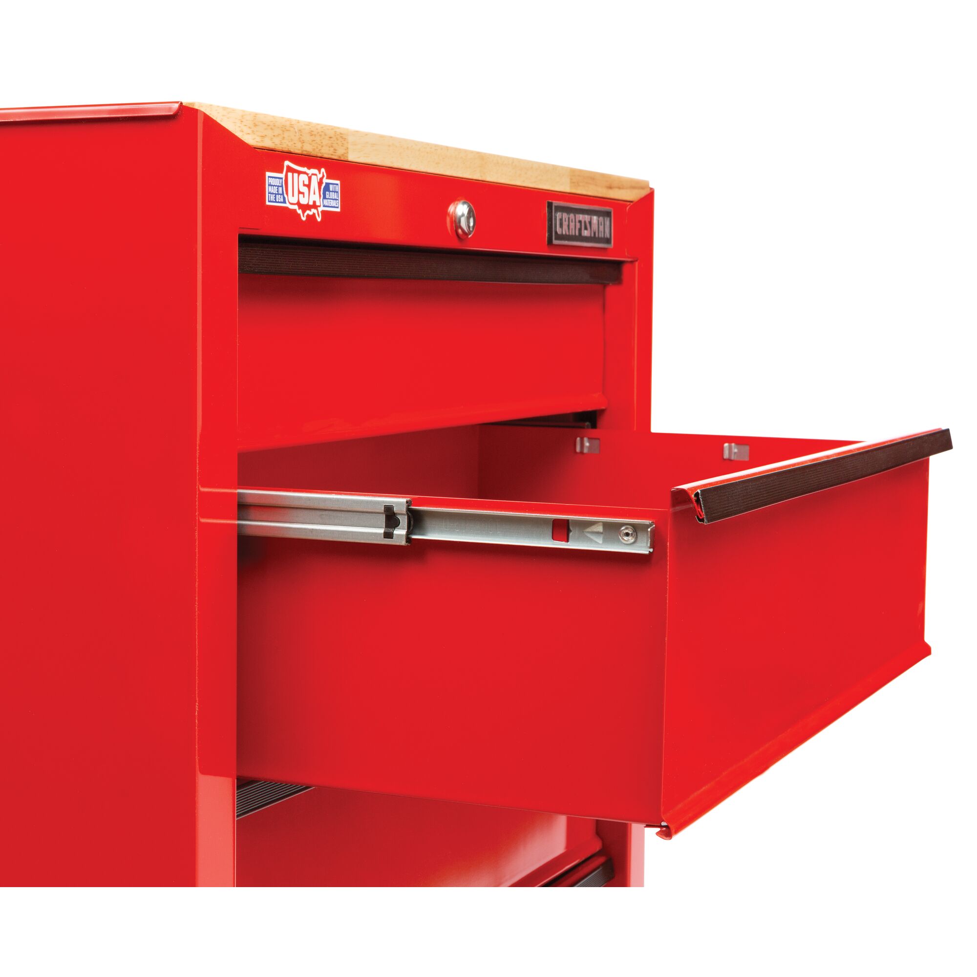 Red CRAFTSMAN 26 inch wide 4 drawer mobile workstation at 3/4 turn with second drawer from the top opened
