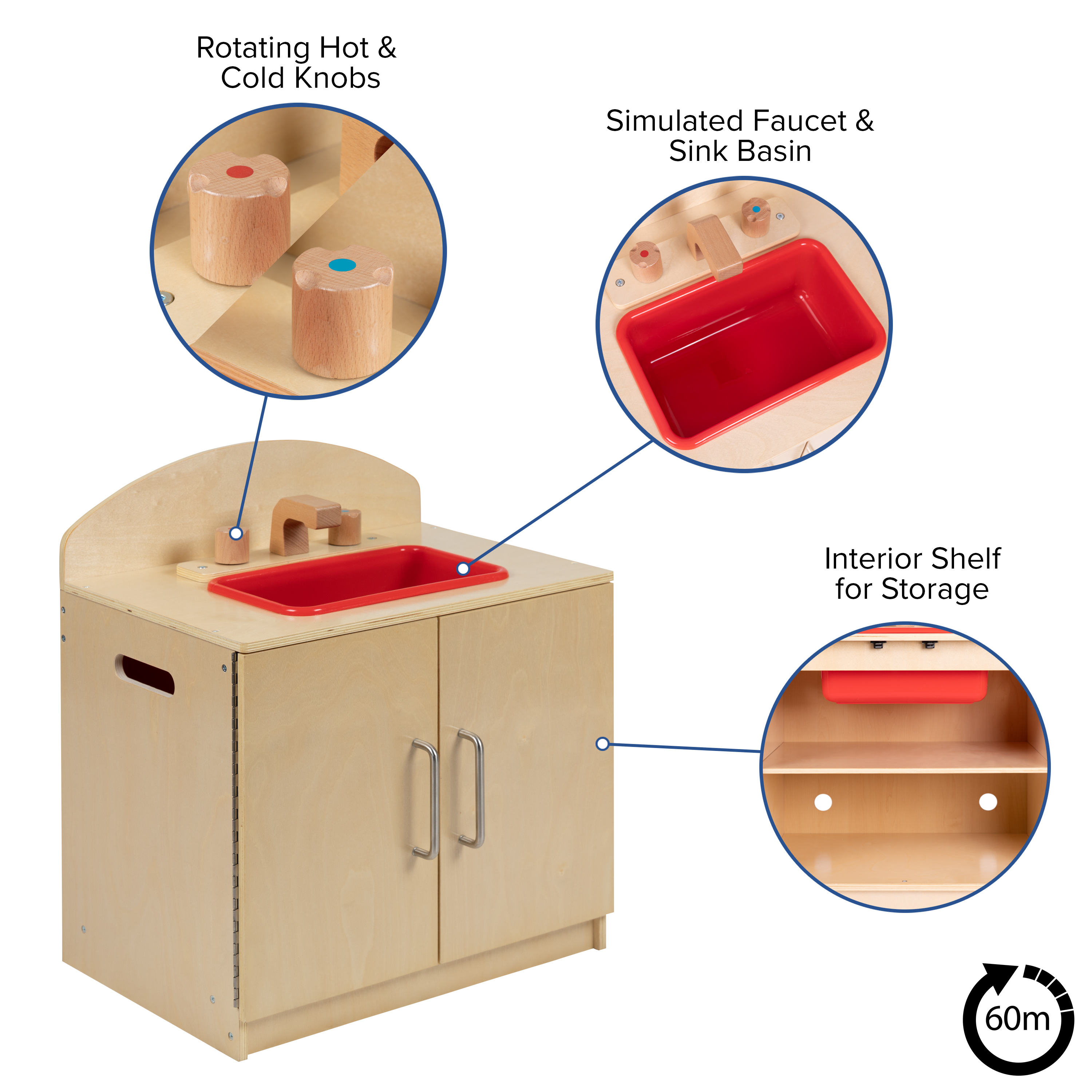 Fregadero de cocina de madera para niños con perillas giratorias para uso comercial o doméstico - Imagen 5 de 13