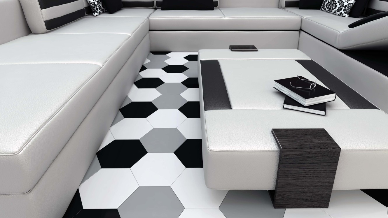 Floor Tiles Ice White Hexa 8x9 Matte, Ash Grey Hexa 8x9 Matte and Graphite Hexa 8x9 Matte
