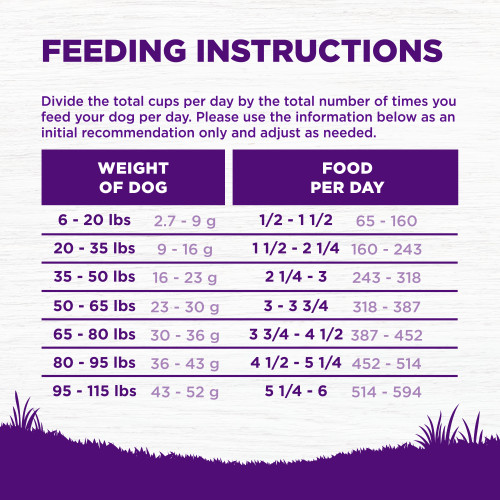 <p>“Standard measuring cup holds approximately 3.5 oz (98g) of Wellness Complete Health Sensitive Skin & Stomach Salmon & Rice Recipe Dog Food.</p>
<p>”									</p>
<p>Weight of Dog (LBS)	Weight of Dog (kg)	Cups per Day	Grams per Day<br />
6 – 20	2.7 – 9	1/2 – 1 1/2	65 – 160<br />
20 – 35	9 – 16	1 1/2 – 2 1/4	160 – 243<br />
35 – 50	16 – 23	2 1/4 – 3	243 – 318<br />
50 – 65	23 – 30	3 – 3 3/4	318 – 387<br />
65 – 80	30 – 36	3 3/4 – 4 1/2	387 – 452<br />
80 – 95	36 – 43	4 1/2 – 5 1/4	452 – 514<br />
95 – 115	43 – 52	5 1/4 – 6 	514 – 594						</p>
<p>Dogs over 115 lbs (52kg): Add approximately 1/3 cup (36g) for every 10 lbs (4.5kg) over 115 lbs.									</p>
<p>Combination Feeding: If feeding with Wellness wet food, reduce dry amount fed by 1/2 cup (49g) for every 6 oz (170g) of wet food.</p>
