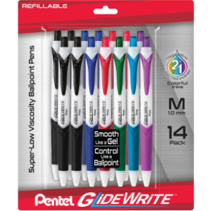 GlideWrite Ballpoint Pen with TechniFlo Ink, (1.0mm) Medium Line, Assorted Ink, 14-Pack