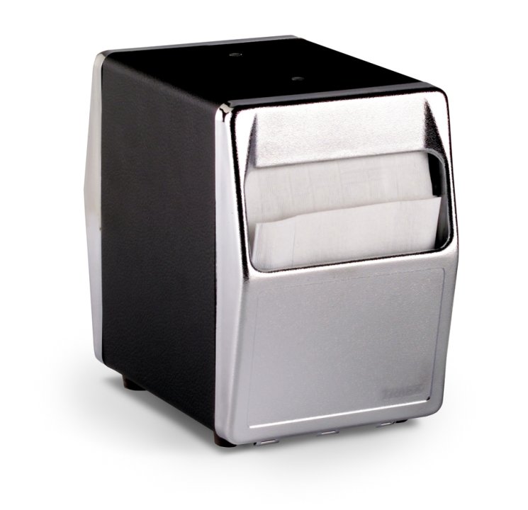 Two-sided vertical tabletop napkin dispenser in black with chrome faceplate