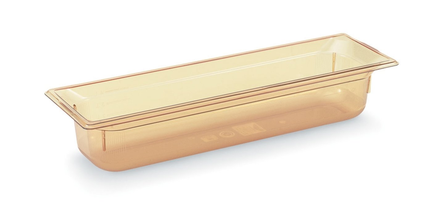 Half-long-size 2 ½-inch-deep Super Pan® high-temperature plastic pan in amber