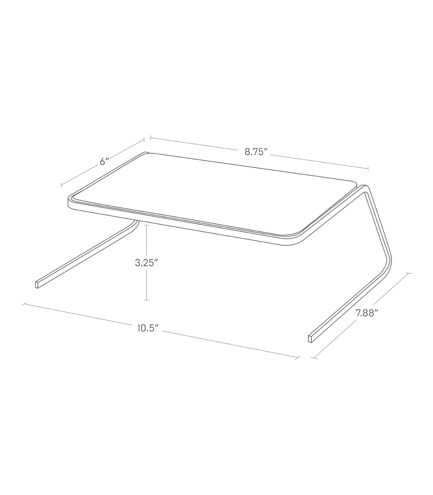 Dimension image for Dish Riser - 2 Sizes on a white background including dimensions L 7.68 x W 10.43 x H 3.54 inches