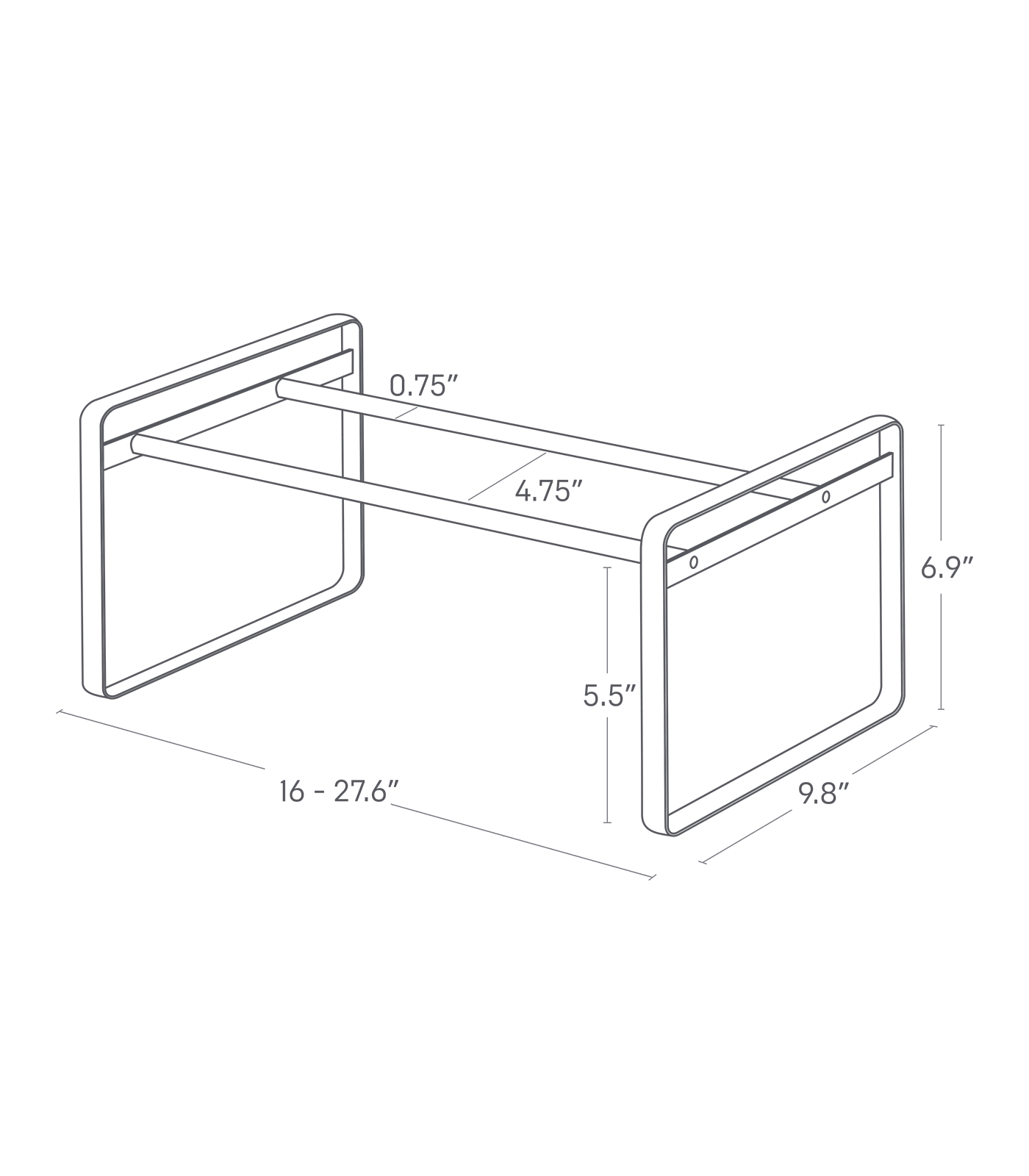 Dimension image for Stackable Shoe Rack showing length of 16 inches-27.6 inches, width of 9.8 inches and height of 6.9 inches