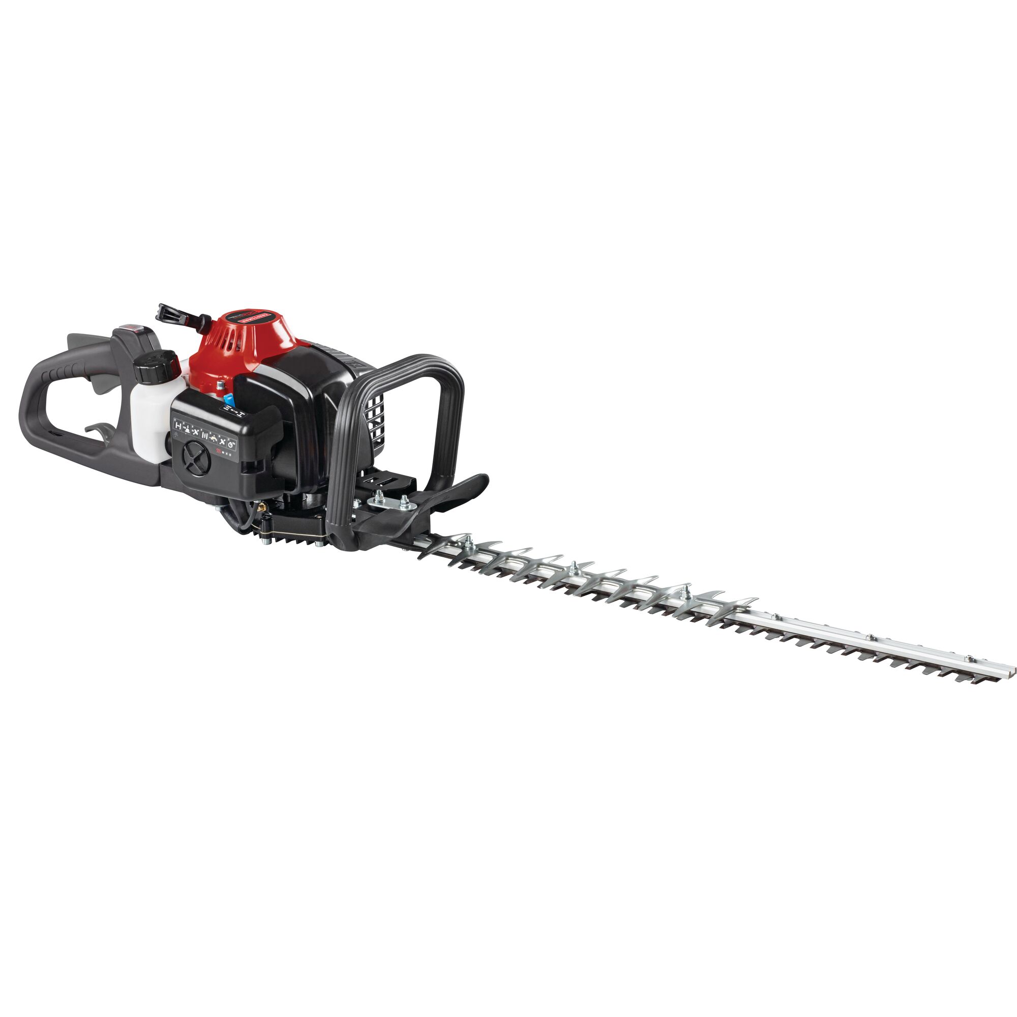Left profile of 22 inch 2 cycle gas hedge trimmer.