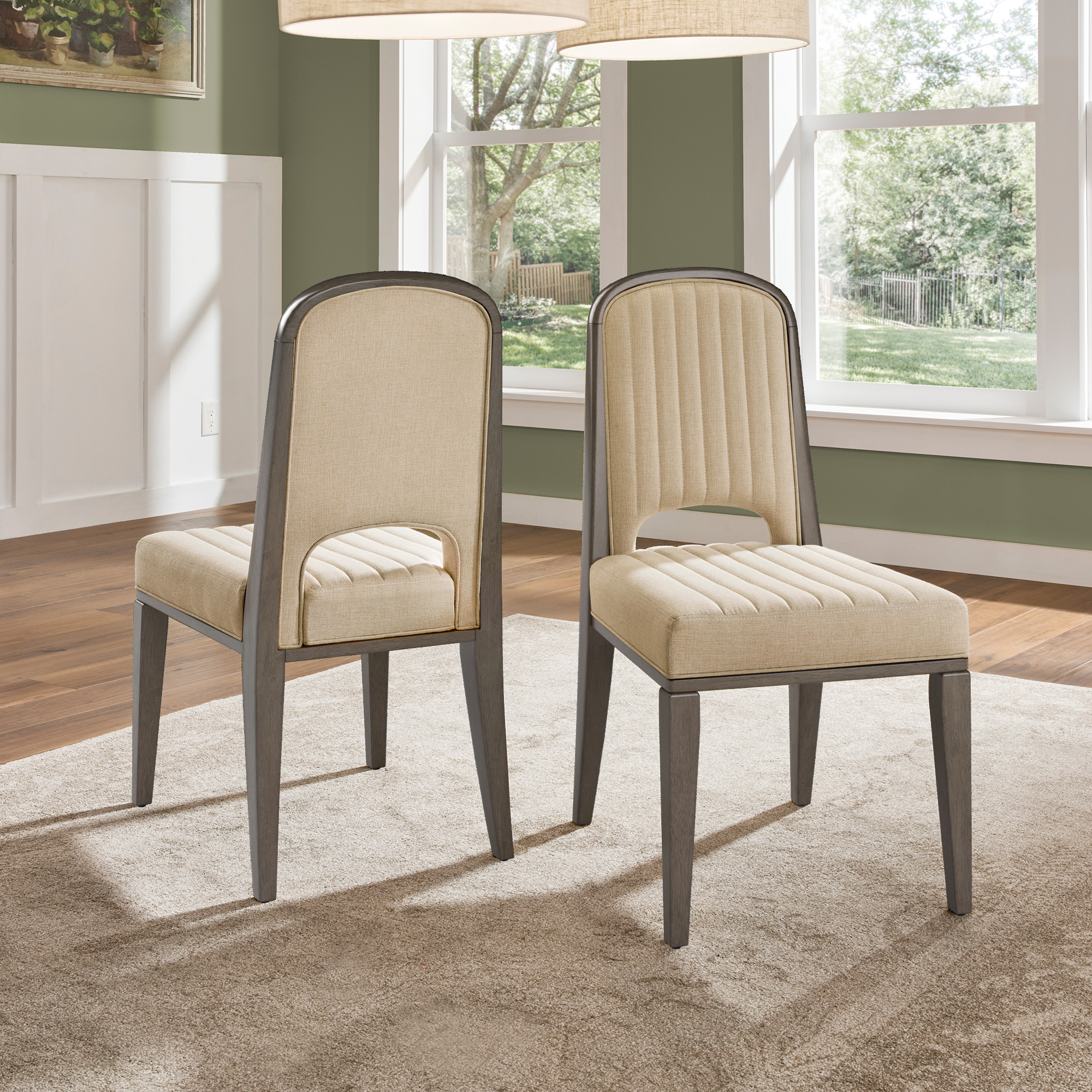 Wood Finish Cream Fabric Channel Stitching Dining Chair (Set of 2)