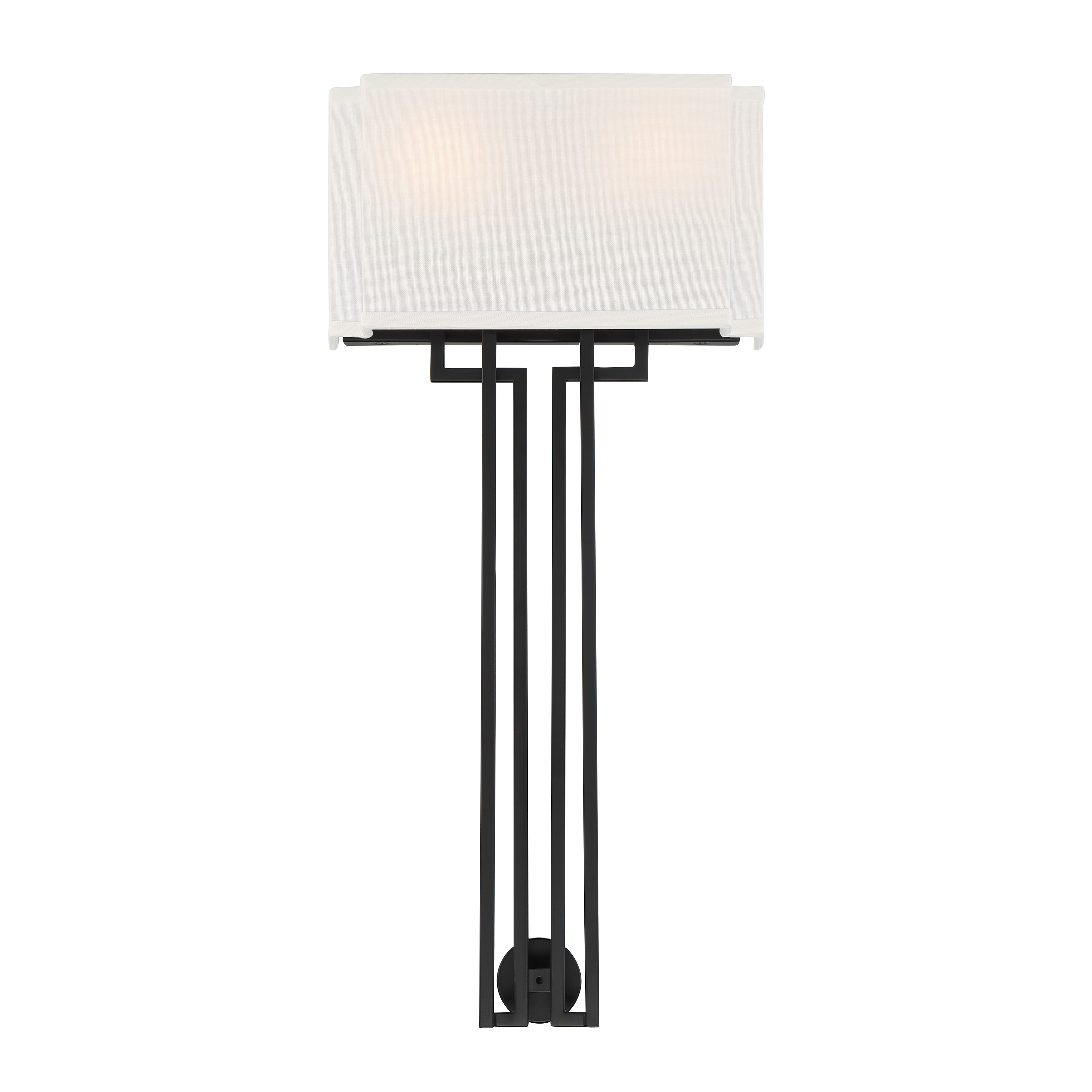 The Upham Estates wall torchiere combines polished nickel and coal finishes for a striking transitional aesthetic. Its upward-facing design with white fabric shades provides ambient lighting while the ADA-compliant profile ensures accessibility. - alternate view
