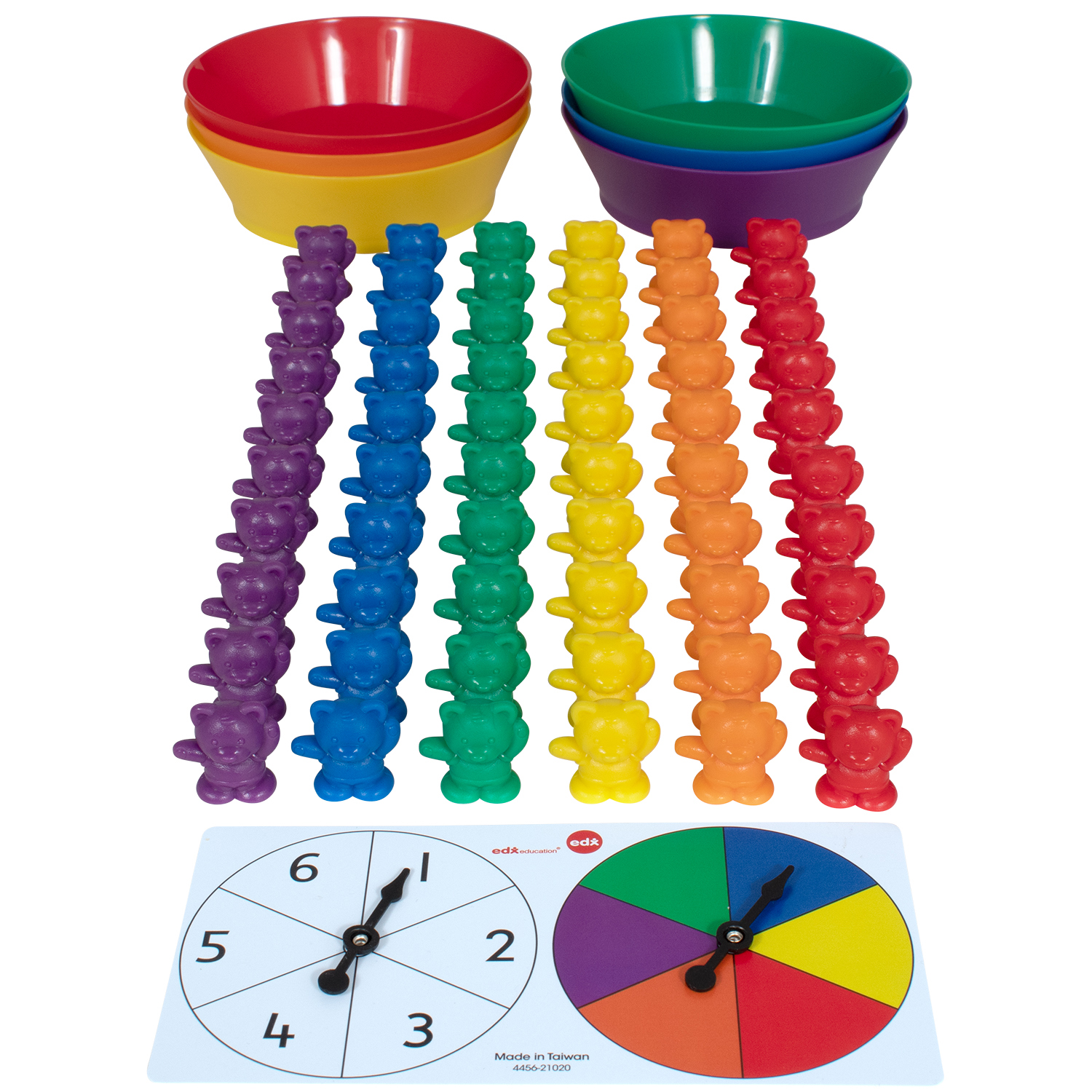 edxeducation Counting Bears with Matching Bowls - 68pc Set - 60 Bear Counters, 6 Bowls & 2 Game Spinners image number null