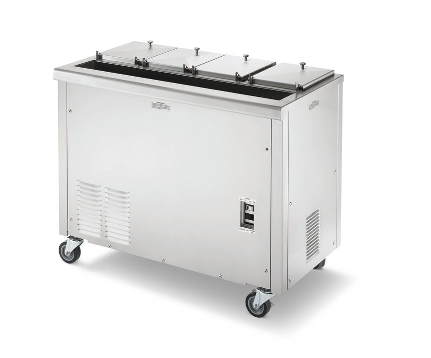 16-liter capacity 115-volt air-cooled 4-compartment refrigerated dipping cabinet with dual-temp controls and reversed hinges