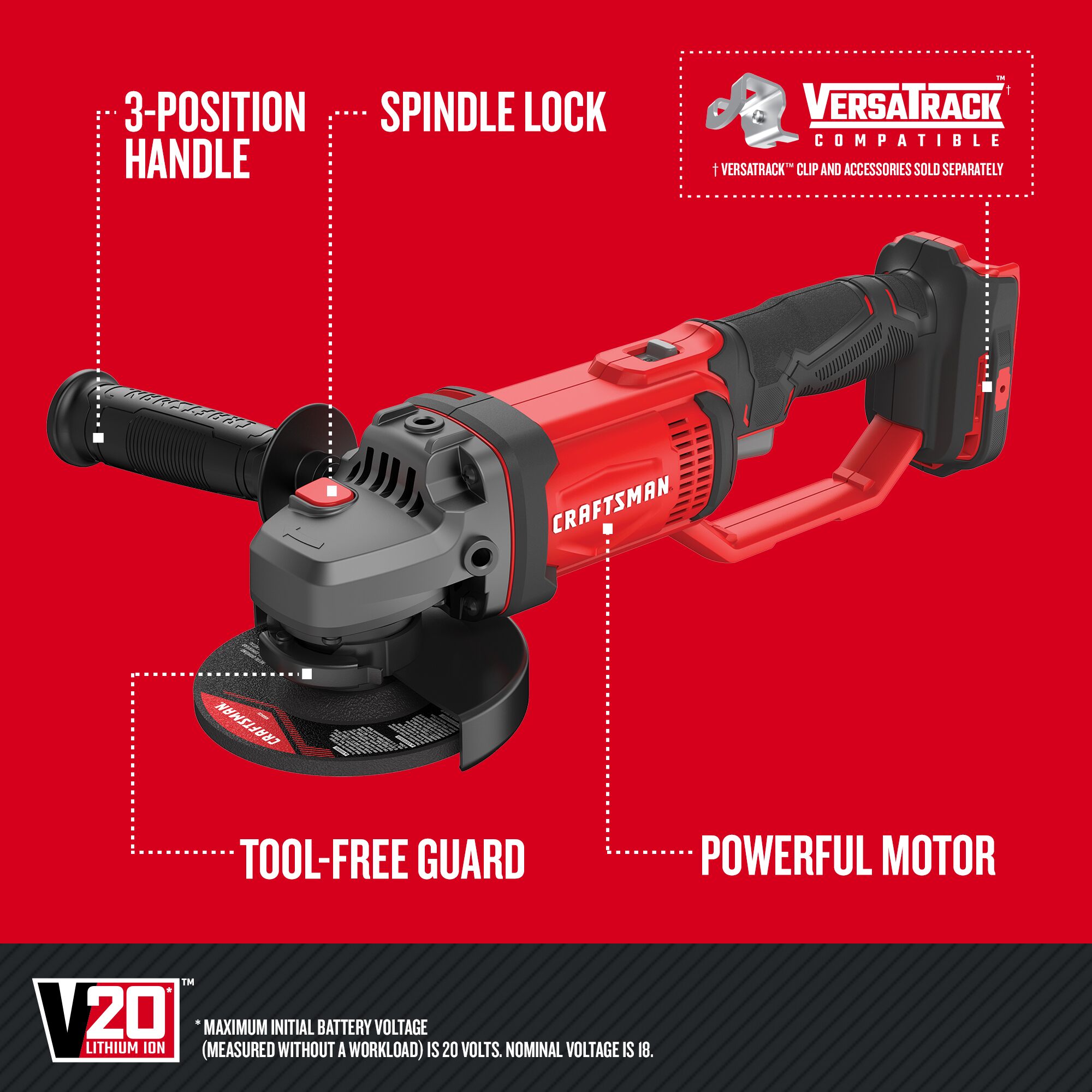 Graphic of CRAFTSMAN Angle Grinder highlighting product features