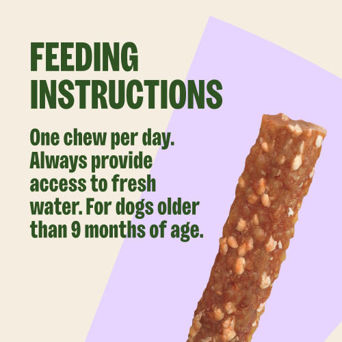One chew per day. Always provide access to fresh water. For dogs older than 9 months of age.