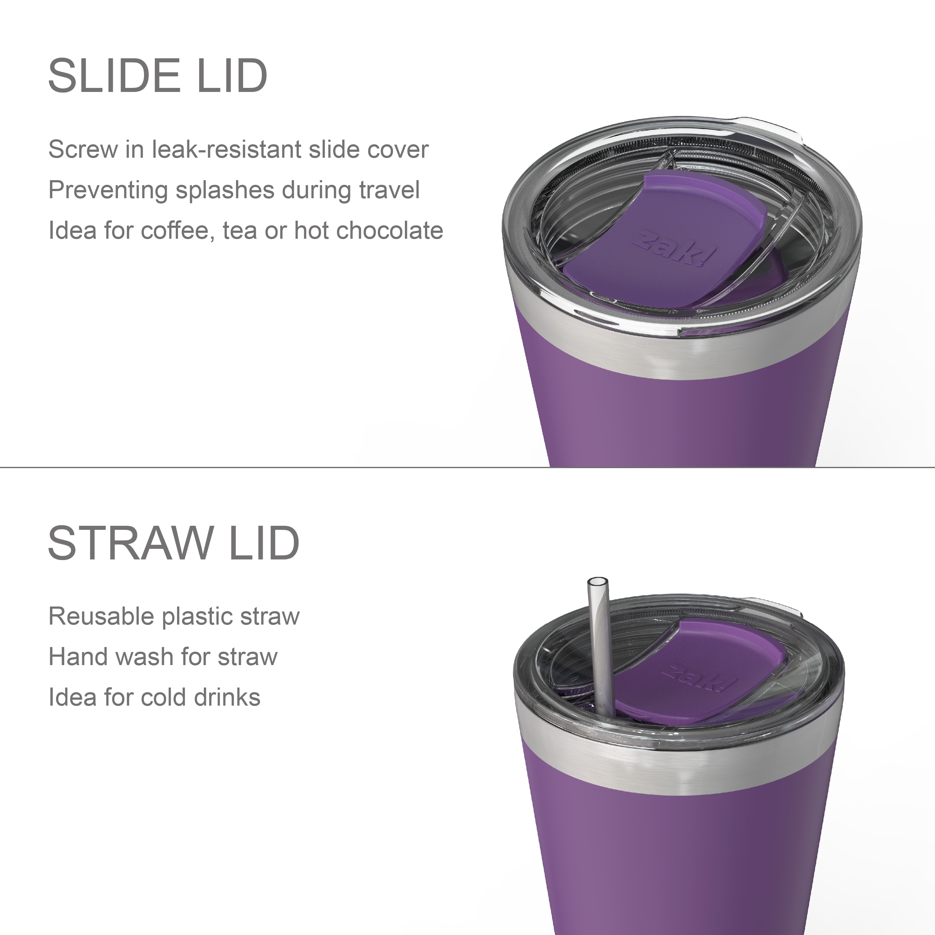 Zak Hydration 20 ounce Reusable Vacuum Insulated Stainless Steel Tumbler with Straw, Viola slideshow image 4 Zak Hydration 20 ounce Reusable Vacuum Insulated Stainless Steel Tumbler with Straw, Viola slideshow image 4