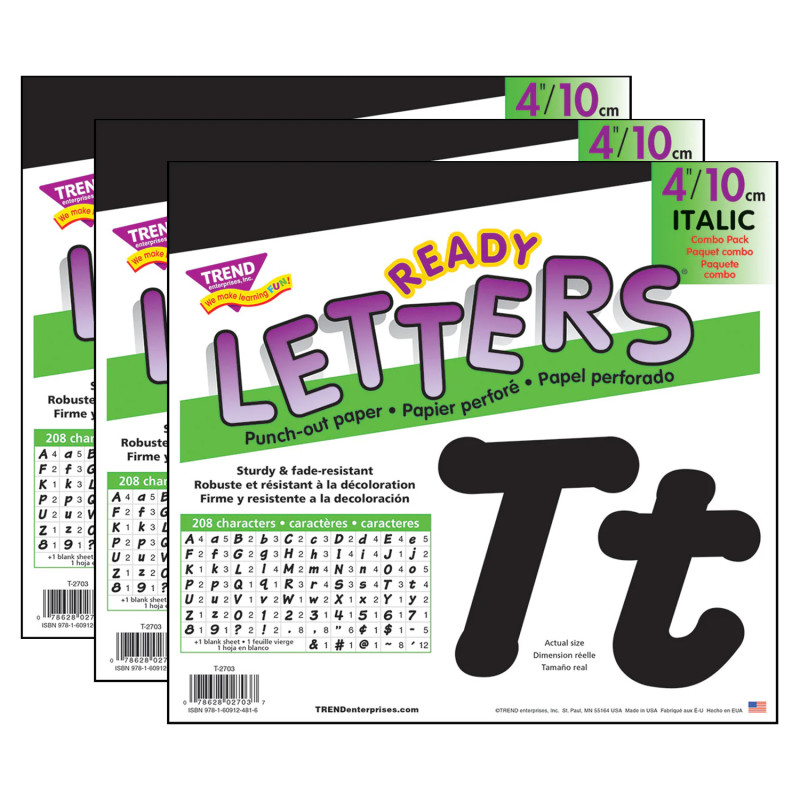 Black 4-Inch Italic Uppercase/Lowercase Combo Pack (EN/SP) Ready Letters®, 193 Per Pack, 3 Packs
