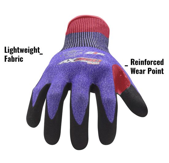 AX360 Seamless Knit Cut 3 Lite Gloves in Blue and Black AXLTC3-03 showing Lightweight Fabric and Reinforced Wear Points