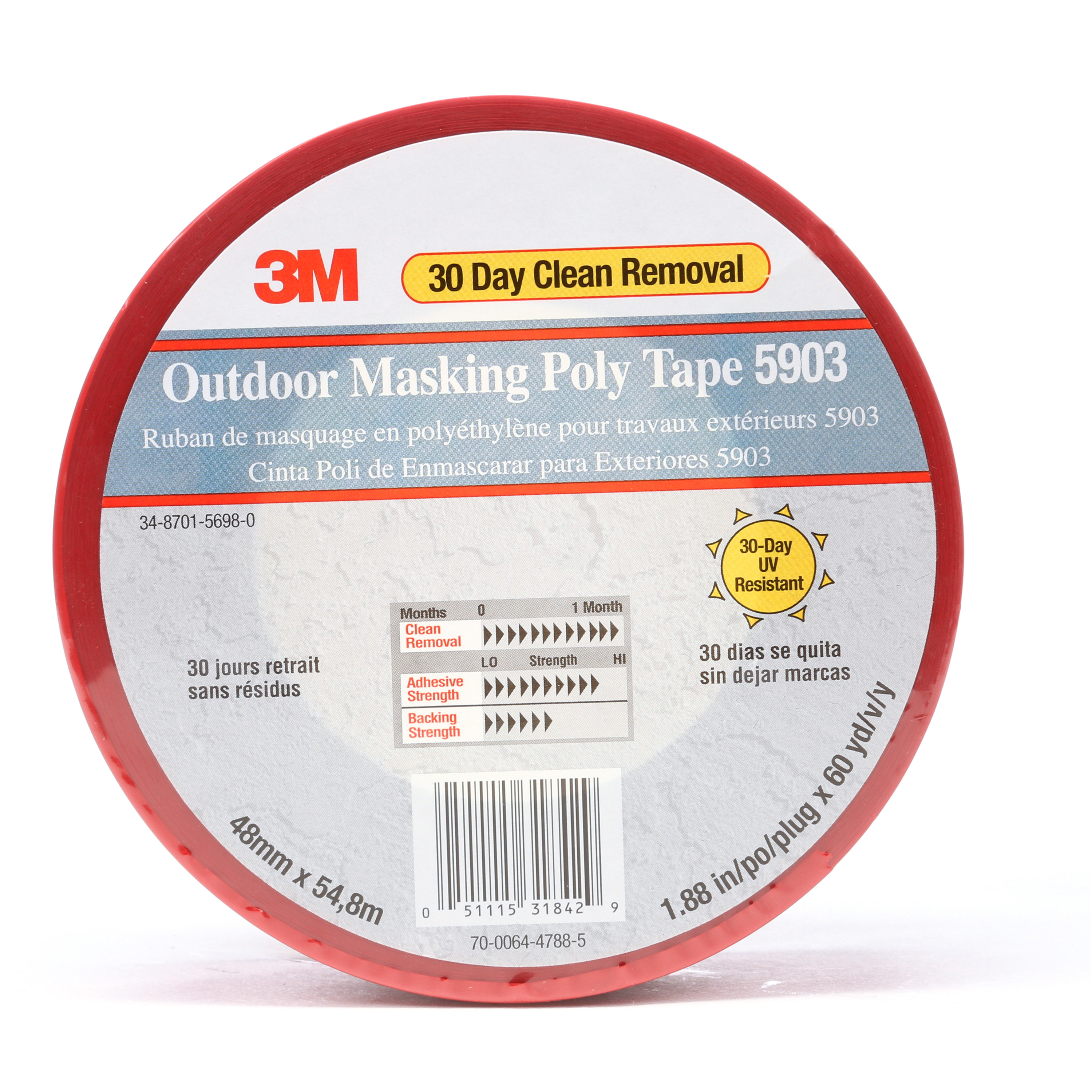 3M™ Outdoor Masking Poly Tape 5903, Red, 48 mm x 54.8 m, 7.5 mil, 24 per
case, Individually Wrapped Conveniently Packaged