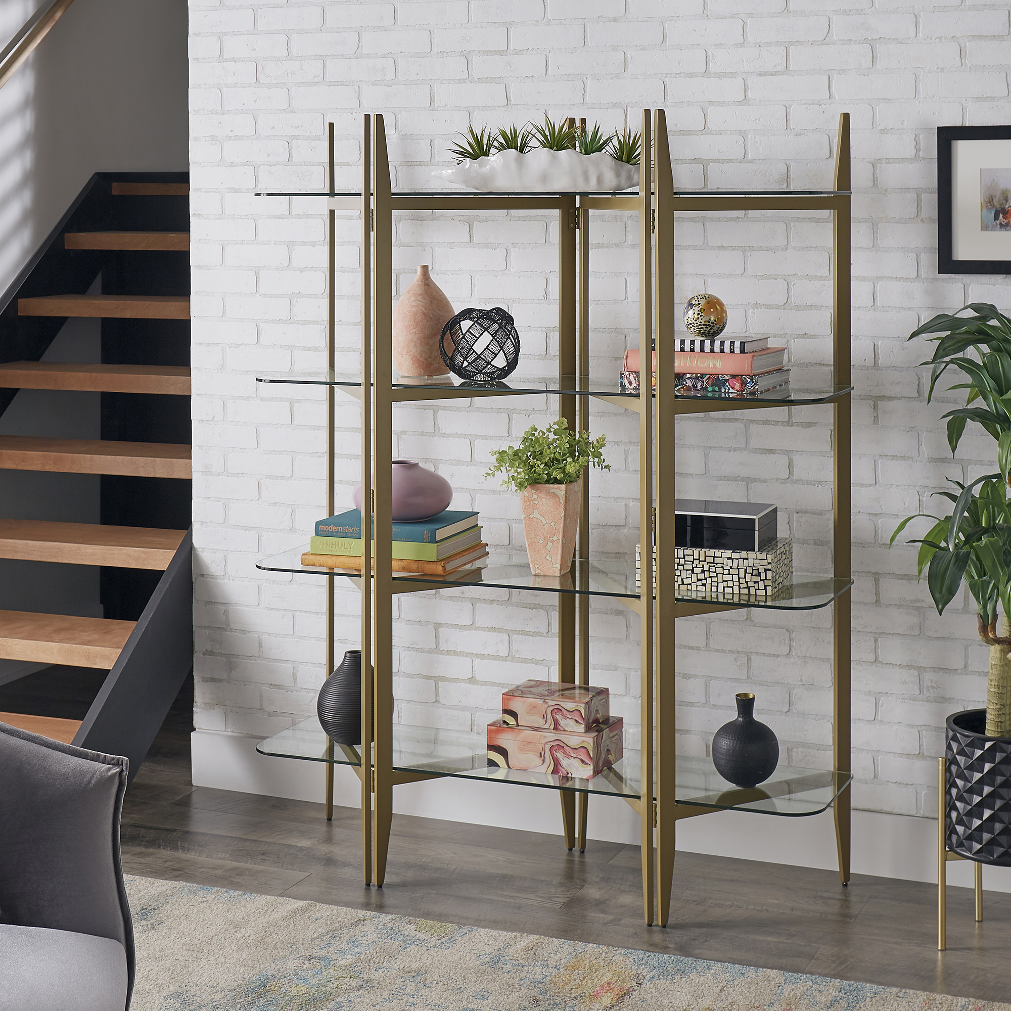 Gold Finish Metal Bookcase with Glass Shelves
