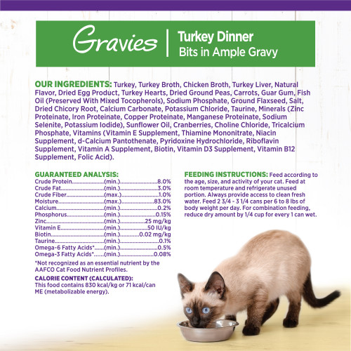 <p>Turkey, Turkey Broth, Chicken Broth, Turkey Liver, Natural Flavor, Dried Egg Product, Turkey Hearts, Dried Ground Peas, Carrots, Guar Gum, Fish Oil (Preserved With Mixed Tocopherols), Sodium Phosphate, Ground Flaxseed, Salt, Dried Chicory Root, Calcium Carbonate, Potassium Chloride, Taurine, Minerals (Zinc Proteinate, Iron Proteinate, Copper Proteinate, Manganese Proteinate, Sodium Selenite, Potassium Iodide), Sunflower Oil, Cranberries, Choline Chloride, Tricalcium Phosphate, Vitamins (Vitamin E Supplement, Thiamine Mononitrate, Niacin Supplement, d-Calcium Pantothenate, Pyridoxine Hydrochloride, Riboflavin Supplement, Vitamin A Supplement, Biotin, Vitamin D3 Supplement, Vitamin B12 Supplement, Folic Acid).</p>

