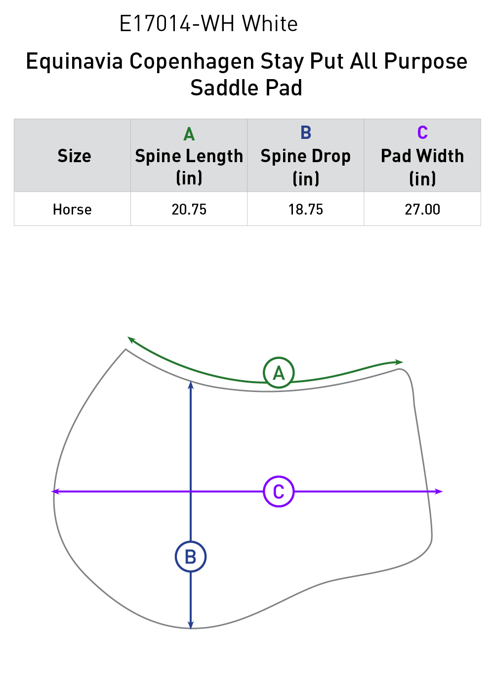 Size chart for Equinavia Copenhagen Stay Put All Purpose Saddle Pad - White