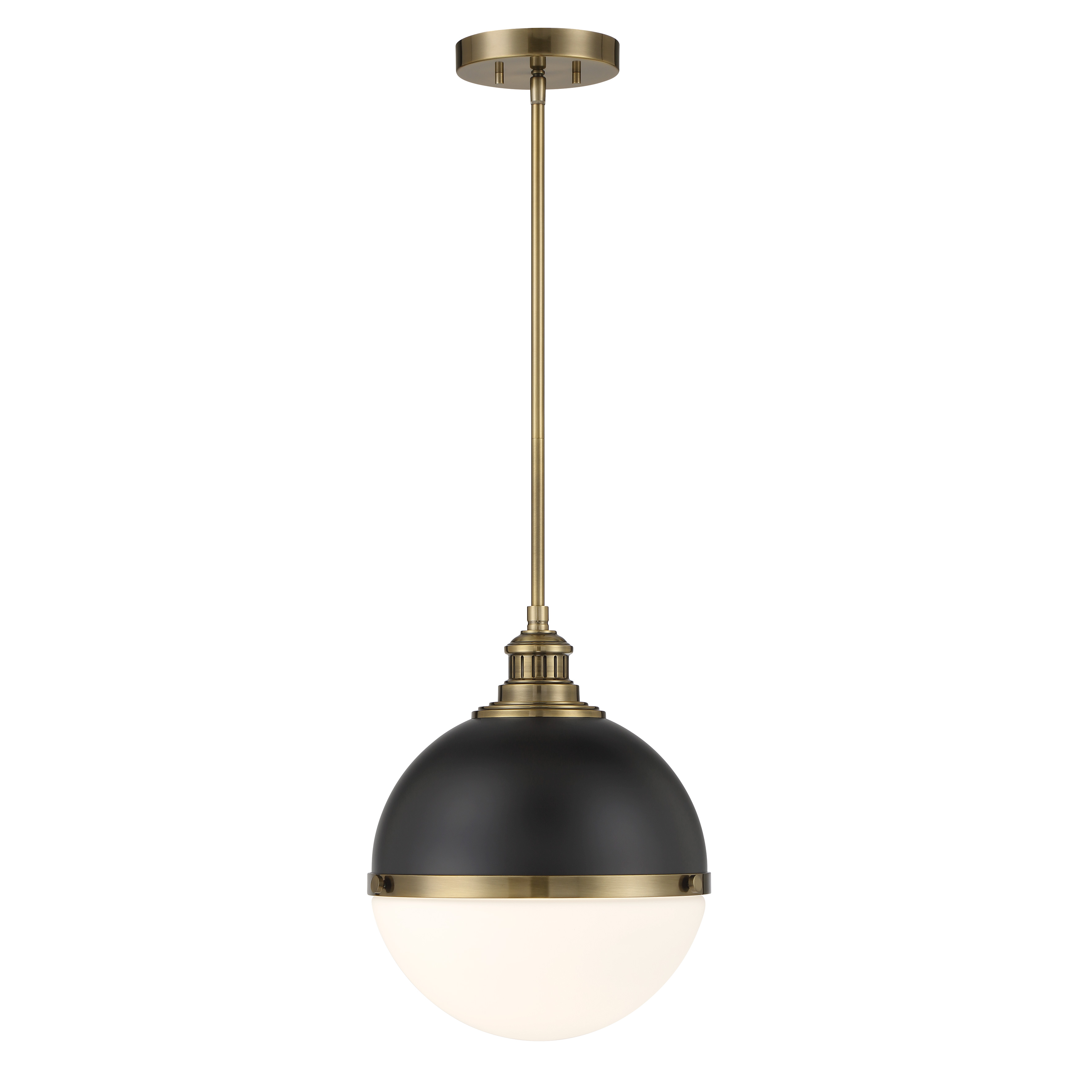 The Vorey pendant combines industrial charm with transitional elegance through its coal and oxidized aged brass finish. The etched opal glass shade provides soft, diffused light perfect for intimate spaces both indoors and out. - alternate view