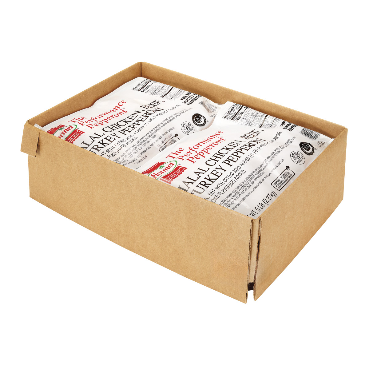HORMEL(r) Pepperoni, Halal, 14 slices per oz, 2/5 lb . C1RM - Front Right Open Case (Hi Res)