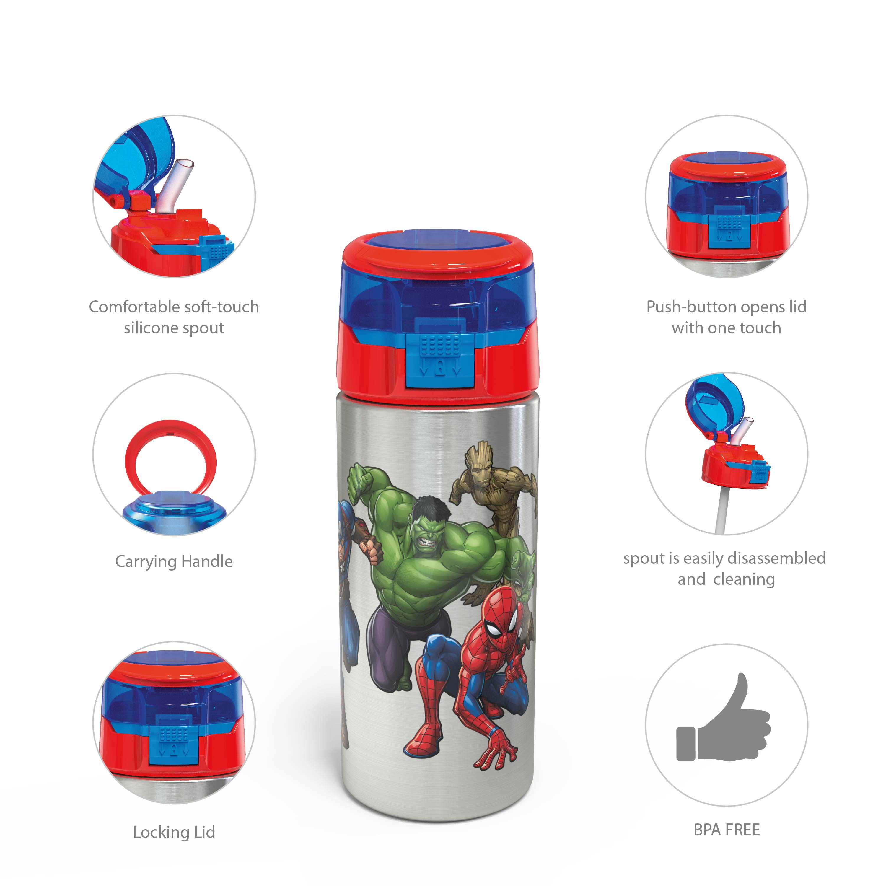 Marvel Comics 19.5 ounce Stainless Steel Water Bottle with Straw, Captain America, Spider-Man & The Hulk slideshow image 7