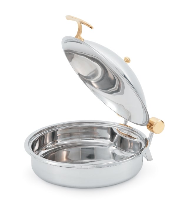 6-quart Intrigue® round stainless steel induction chafer with brass trim
