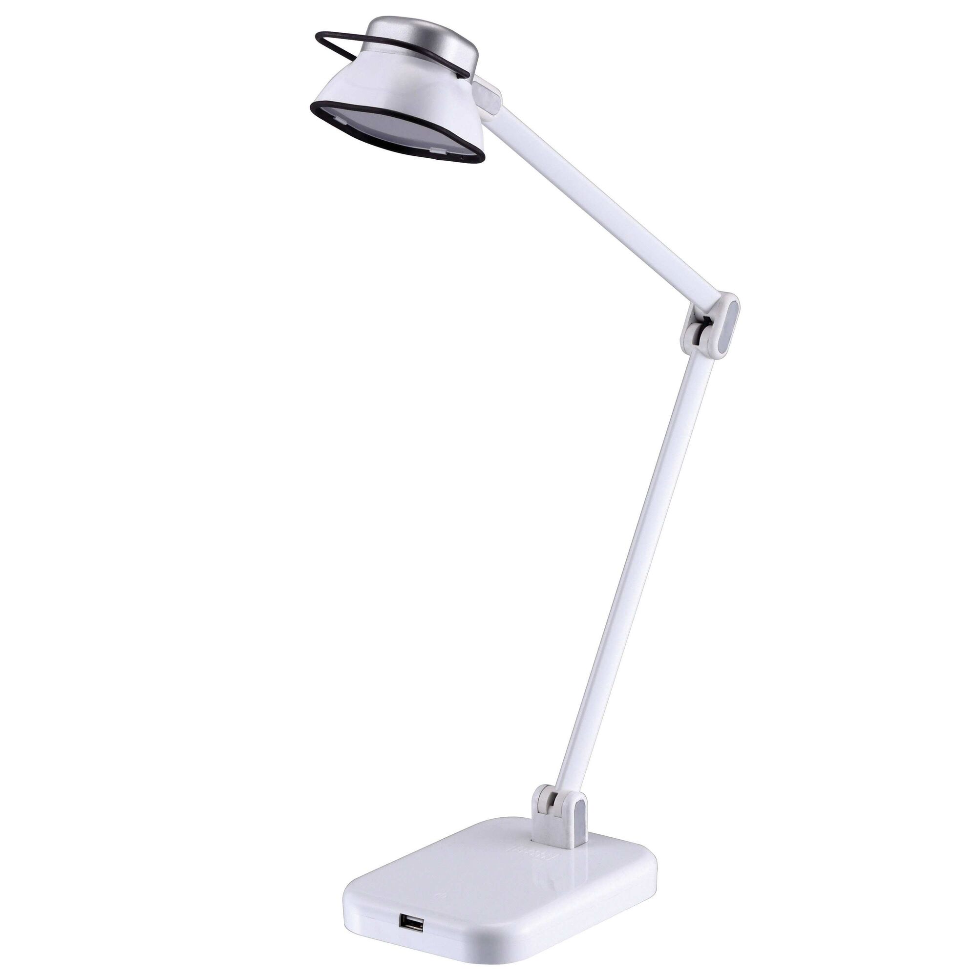 Profile of elate dual arm L E D desk lamp.