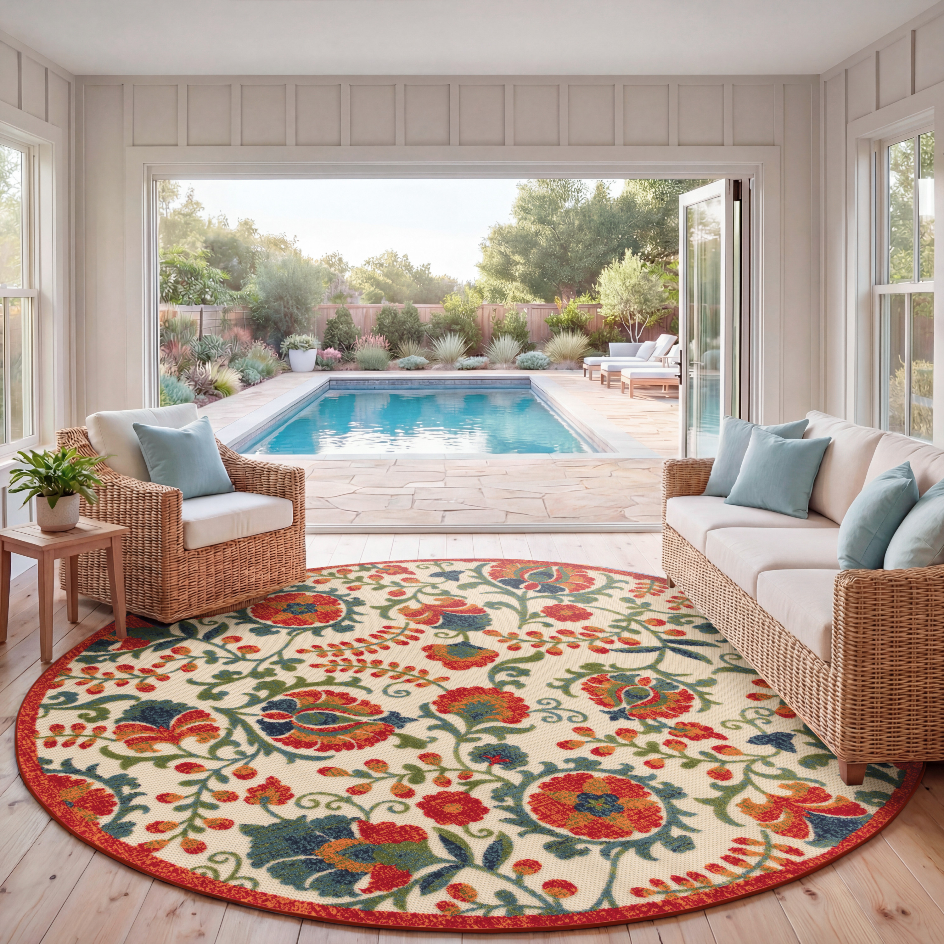 Nourison Aloha 7'10" x Round Red Multicolor Farmhouse Rug