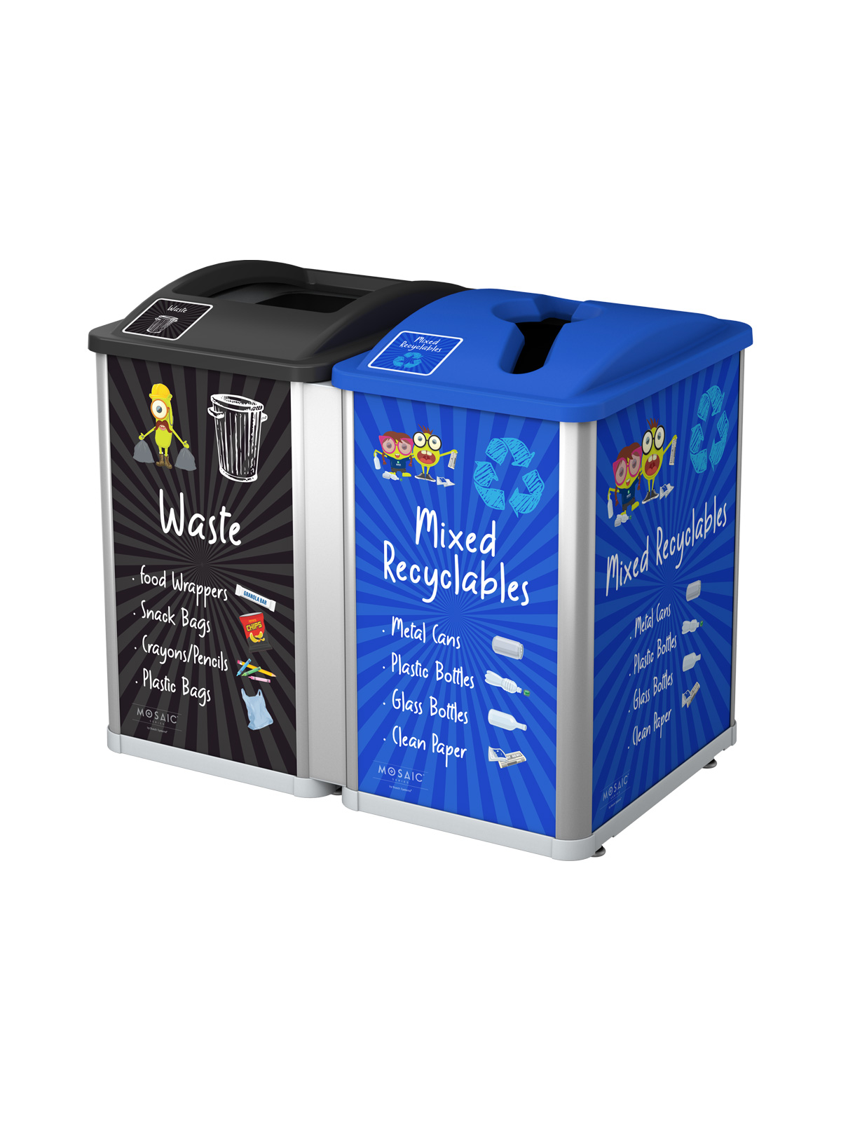 MOSAIC – Double – Junior – Waste-Mixed Recyclables – Full-Mixed – Silver-Black-Blue