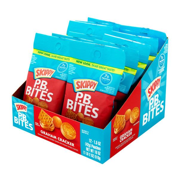 SKIPPY(r) P.B. Bites Graham Cracker, 1.5oz Pouch . C1RP - Front Right Pallet/Display (Hi Res)