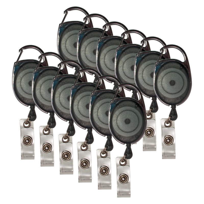 Retractable Carabiner Style Badge Reels with Badge Strap, Smoke, Pack of 12