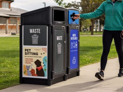 large capacity waste and recycling bin with large body signs and areas for generating revenue by selling ad space