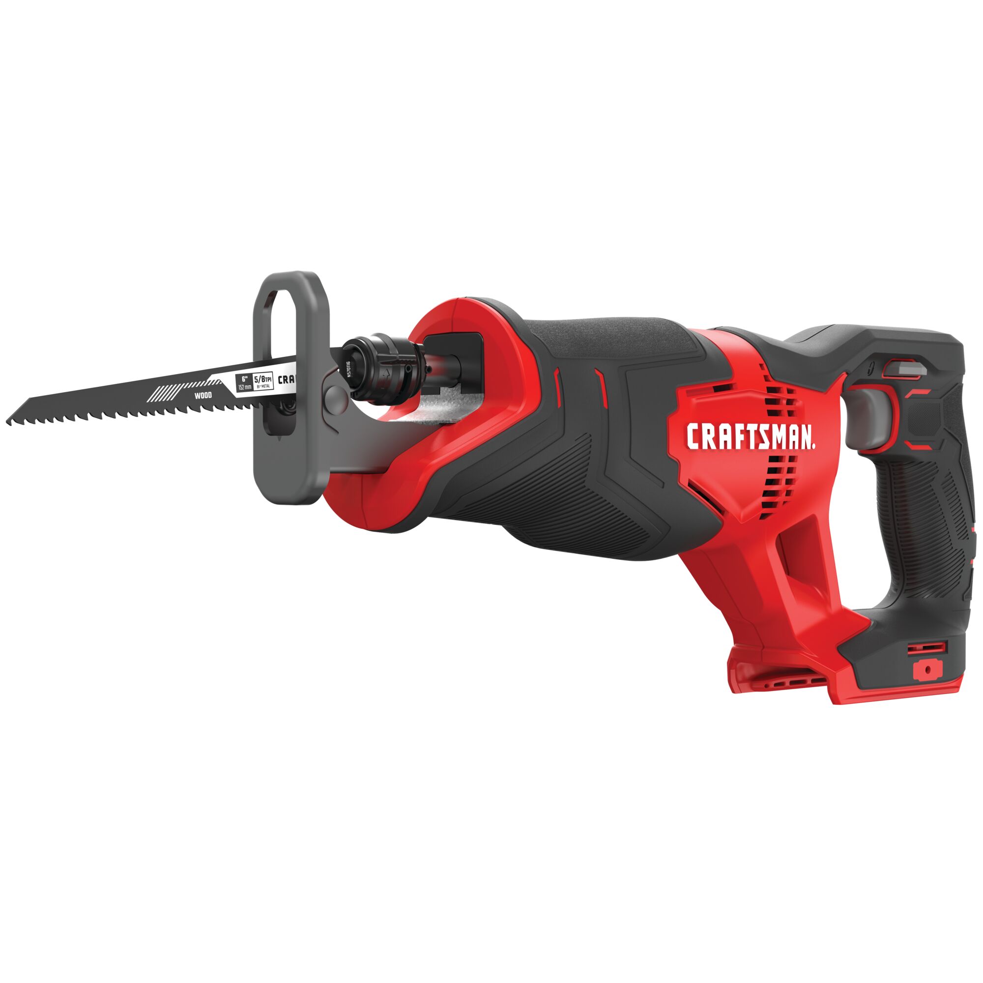 Left profile of 20 volt cordless reciprocating saw.