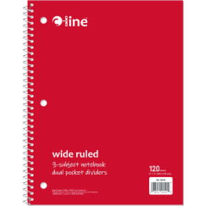Wide-Ruled 3-Subject Notebook, 120 Sheets, Red