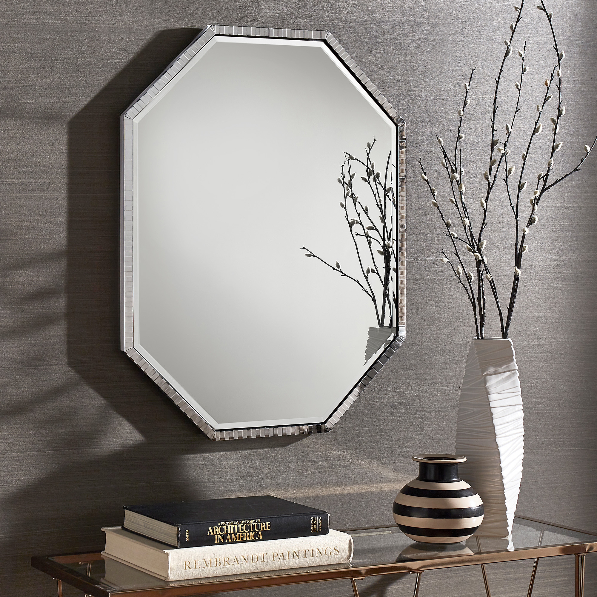 Checkered Pattern Metal Octagon Wall Mirror