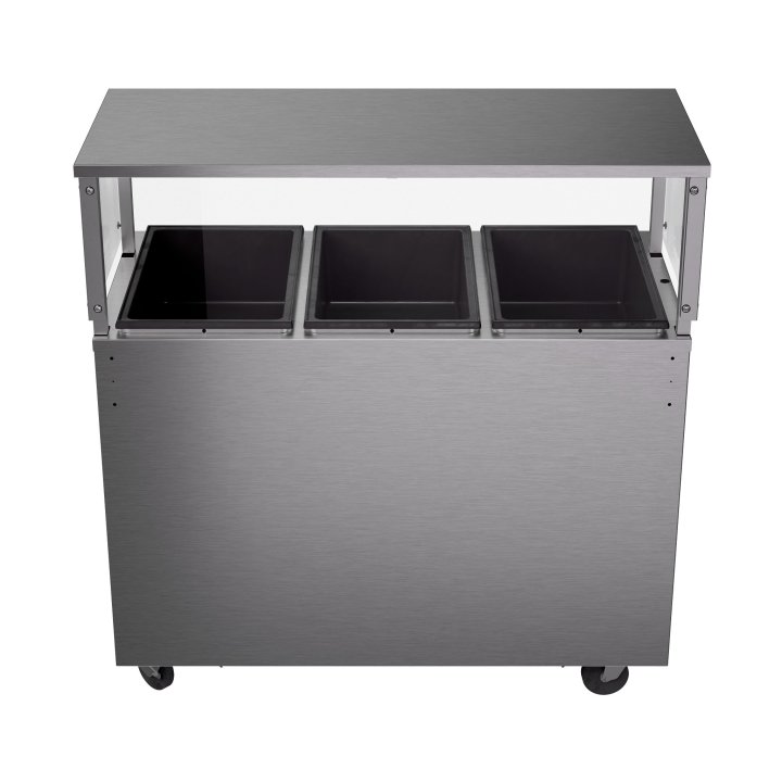 46-inch 120-volt three-well 2-Series deluxe hot-food station with black solid base and cafeteria-style breath guard