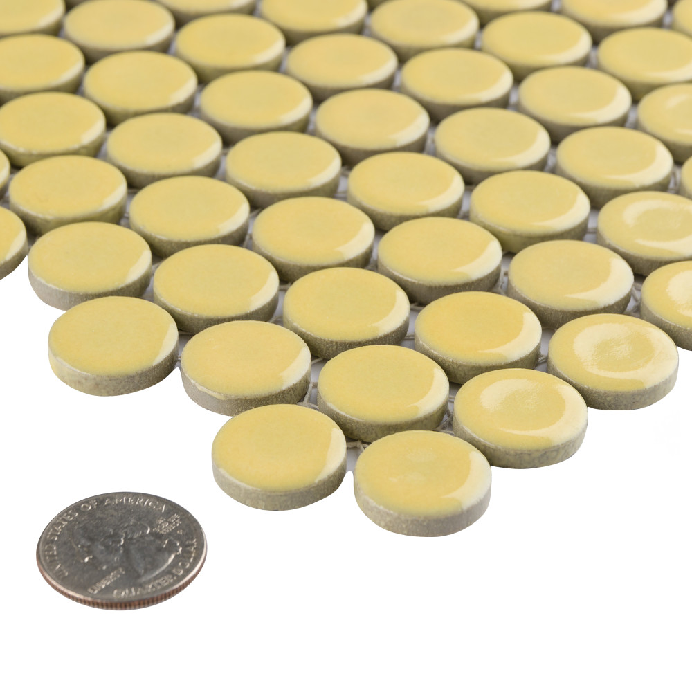 Hudson Penny Round Vintage Yellow 11-7/8 in. x 12-5/8 in. Porcelain Mosaic Tile