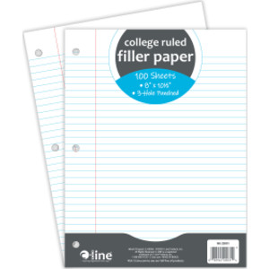 Filler Paper, College Ruled, 8" x 10-1/2", White, 100 Sheets