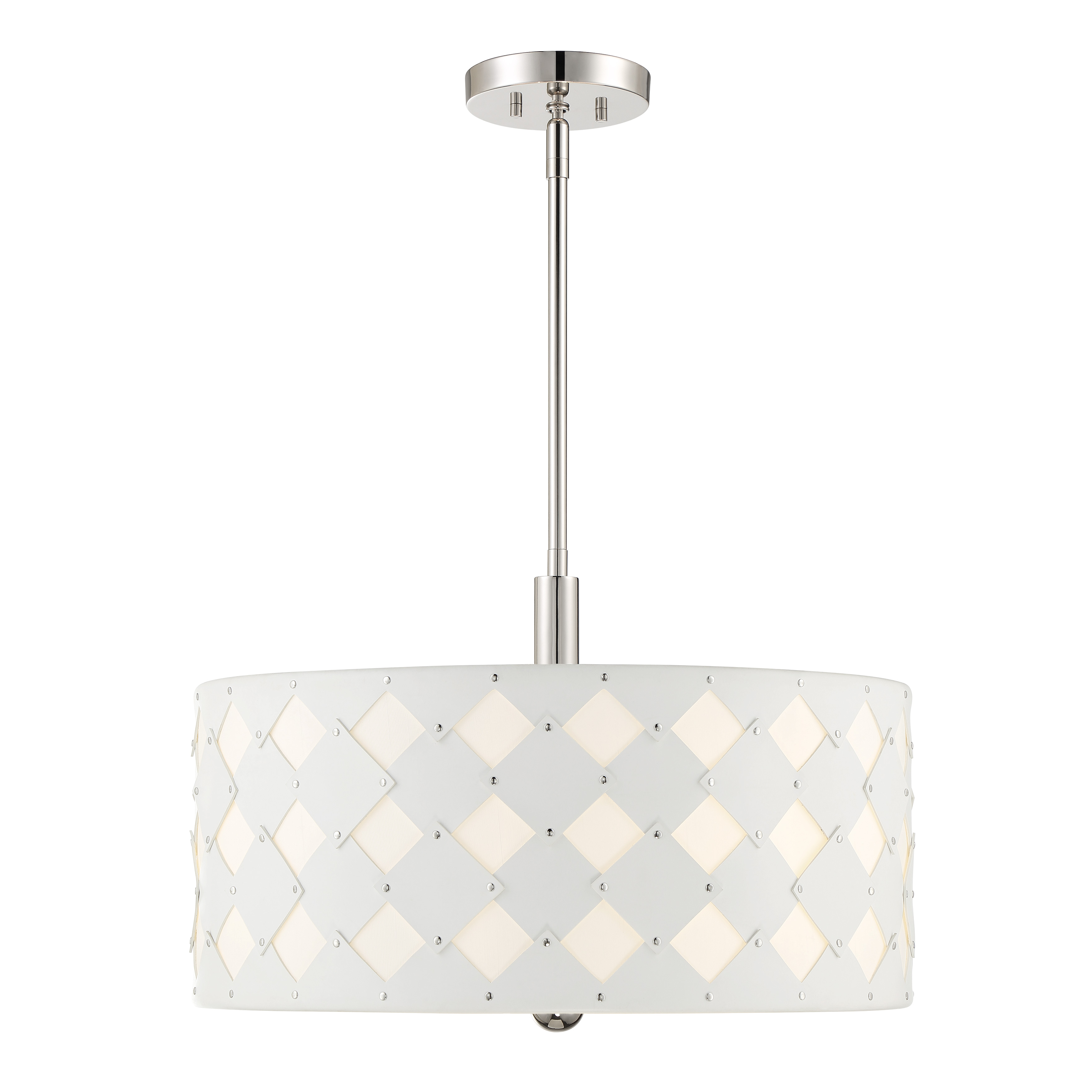 The Patchwork pendant combines contemporary elegance with artisanal craftsmanship. Its 22-inch drum shade features a distinctive mix of white fabric and faux leather accents, complemented by polished nickel hardware for a refined, modern aesthetic. - alternate view