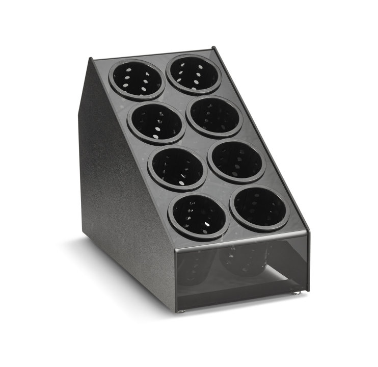 Organizador plano de encimera de ocho compartimentos con cilindros perforados extraíbles en negro