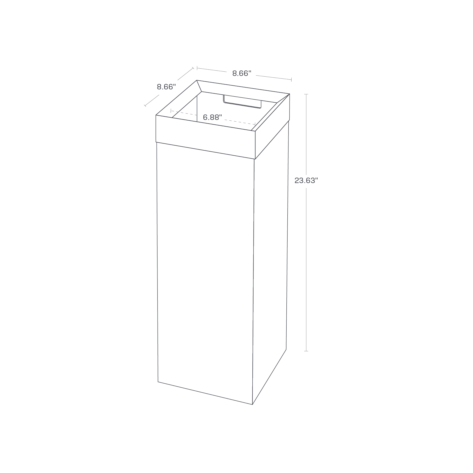 Dimension image for Trash Can showing a total height of 23.63 inches and equal length/height of 8.9 inches.