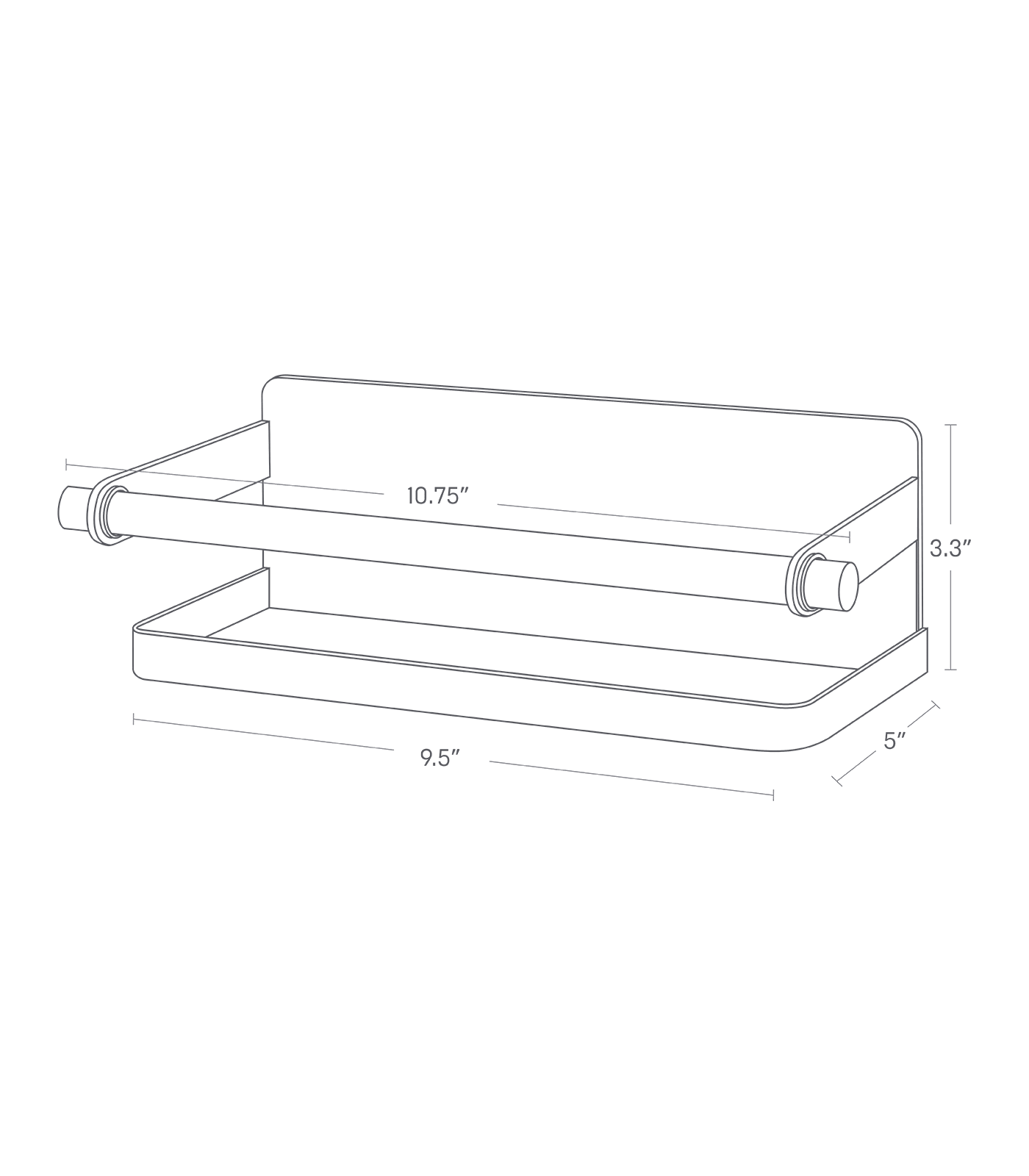 Dimension image for Magnetic Kitchen Organizer showing total height of 3.3 inches, length of 5 inches, width of 9.5 inches and 10.75 inches for the wooden bar