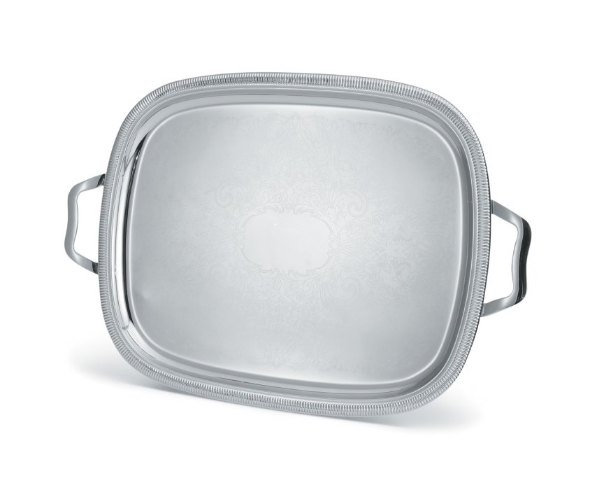 23 ½-inch Elegant Reflections oblong stainless steel serving tray with handles