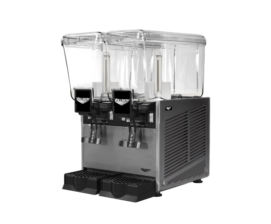 Refrigerated beverage dispenser with two 3.17-gallon bowls and stirring paddle circulation