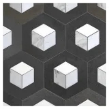Pietra Visivo Collection Basalto Honed, Thassos Select Polished, Morning Blue Polished, And Italian Carrara Dark Select Polished 10×9 Spatial Cubist Mosaic Mixed