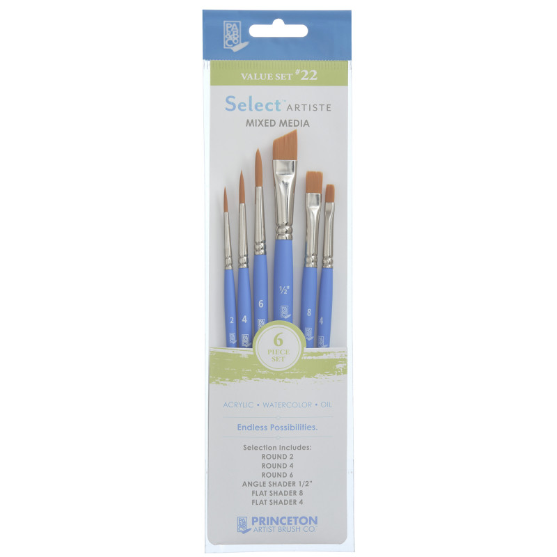 Select Artiste Brush Set No. 22, Synthetic Bristles, Short Handle Mixed Media Paintbrush, Jewel Blue, 6 Pieces