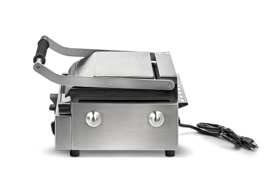 120-volt single panini sandwich grill with cast-iron grooved plates and NEMA 5-15P Plug